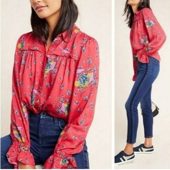 Anthropologie Maeve Fredericka Bird Ruffle Button Down Shirt Size 0 - Picture 1 of 6